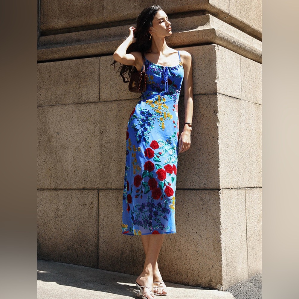 Blue floral velvet dress